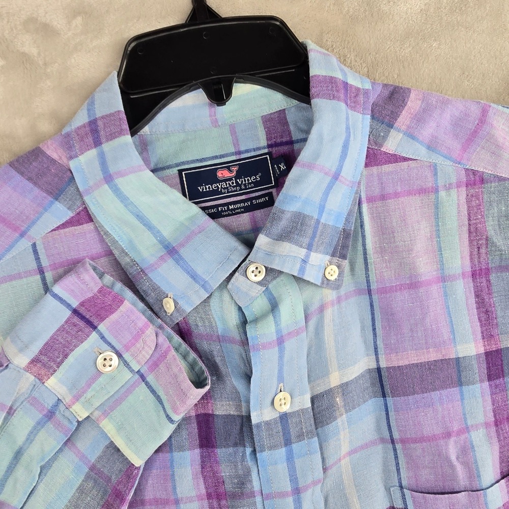 Vineyard Vines Linen Shirt Classic Fit Murray Plaid Button Down XL